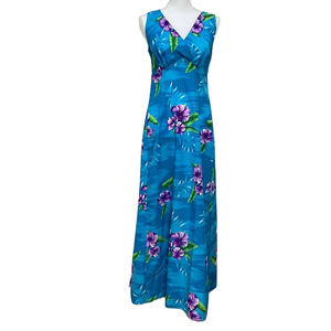 Vintage Hilo Hattie’s Hawaii 1970s Women's Blue Hibiscus Empire Waist Maxi Dress